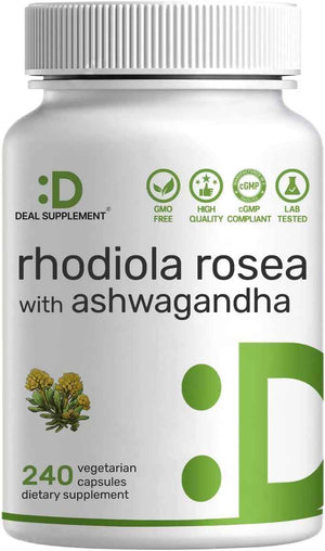 DEAL SUPPLEMENT Rhodiola Rosea with Ashwagandha, 240 Veggie Capsules - Rhodiola Rosea Supplement - Rhodiola & Ashwagandha Blend - Non-GMO