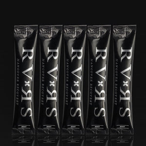 Five black packets of RVNS Hangover Recovery on a black background