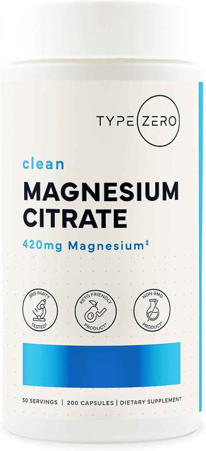 Type Zero Clean Magnesium Citrate (420mg) 200 Capsules, Gluten-Free - Pure Magnesium Citrate Supplement, GMO-Free, 50 Servings