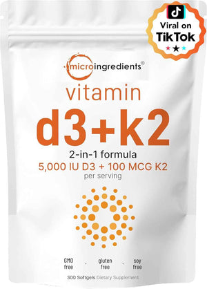 Micro Ingredients Vitamin D3 5,000iu + K2 100mcg Softgels & Pure Triple Magnesium Complex 400mg Capsules - 2 Pack Bundle - Essential D & K Sunshine Vitamins - Glycinate, Malate, & Taurate Forms