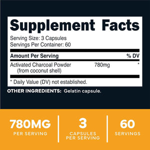 Type Zero Activated Charcoal (780mg) 180 Capsules, 60 Servings, Gluten-Free - From Coconut Shell, GMO-Free