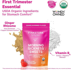 Pink Stork Morning Sickness Support Kit - 3-Piece Bundle with Organic Ginger Peach Tea, B6 Sweets, Ginger Lozenges - Pregnancy Support, First Trimester Essentials, Gift for Pregnant Women