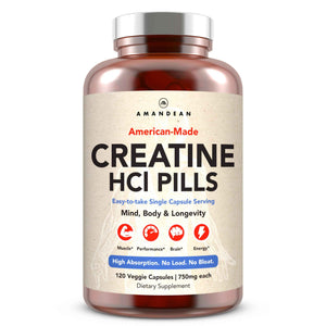 AMANDEAN Creatine HCl Pills. American Made CON-CRET. 120 Capsules. 7X Concentrated. No Bloat. Muscle, Energy, Cognitive, Recovery Support for Men & Women. Gluten Free, Non-GMO.