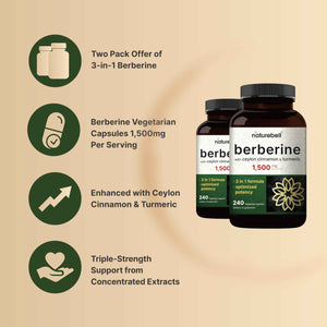 NatureBell Berberine Supplement 1,500mg with Ceylon Cinnamon & Turmeric Root, 240 Veggie Capsules - 97% Pure Berberine HCL - Supports Balanced Sugar Levels & Heart Health - Vegan, Non-GMO