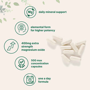 Magnesium Oxide 400mg, 500 Capsules - Elemental Form for Max Concentration - Supports Calm, Muscle & Nerve Health - Non-GMO