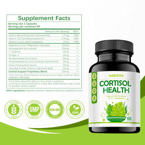 HABIZIYA Cortisol Support Supplement with Magnesium Glycinate, L-Theanine, Ashwagandha, Phosphatidylserine,Rhodiola Rosea 15-in-1 Hormone Balance for Women Men Mood, Focus, Sleep Support 60 Capsules