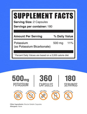 BulkSupplements.com Potassium Citrate Capsules - Mineral Supplement, Potassium Citrate 99mg - Gluten Free, 1 Capsule per Serving, 500 Count (Pack of 1)