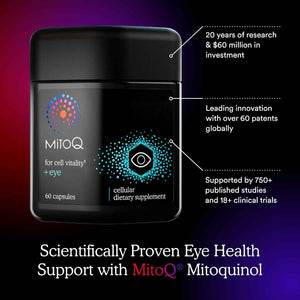 MitoQ +Eye - Eye Health Supplement with Lutein & Zeaxanthin (5:1 Ratio), Bilberry, Maritime Pine Bark, Zinc, Mitoquinol - Supports Macular Health, Visual Clarity & Blue Light Defense
