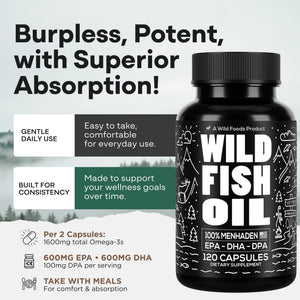 Wild Foods Omega 3 Fish Oil Supplement, 120 Capsules (1 pk) | Wild Caught, Burpless, Odorless, Non-GMO, Gluten Free | DPA, DHA, EPA Triple Strength Heart & Joint Nutrition for Women & Men Wild FoodsBuy Supplements Australia