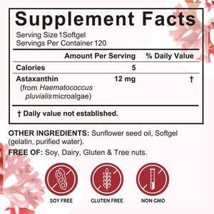 Xaarty Premium Astaxanthin 12mg, Natural Antioxidant Supplement for Eye, Joint, Skin Health,Microalgae Source, 4 Month Supply