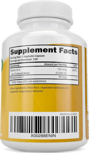 Vitamin D3 K2, 150 Servings, 5000iu D3 + 90mcg K2, Bone & Immune Support - Energy & Heart Health Support, High Absorption & Non-GMO, Once-Daily Vitamin Supplement, 150 D3K2 Capsules (5 Month Supply)