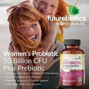Futurebiotics Women's Probiotic 50 Billion CFU + Prebiotic with Cranberry & D-Mannose - Digestion Immune and Urinary Tract Support, Non-GMO, 60 Vegetarian Capsules