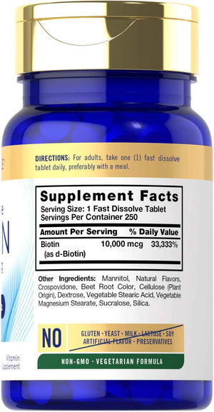 Carlyle Biotin 10000mcg - 250 Fast Dissolve Tablets - Max Strength - Vegetarian, Non-GMO, Gluten Free Supplement