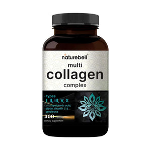 NatureBell Multi Collagen Complex - 300 Capsules - 5 Collagen Peptides (Type I, II, III, V, X), Hyaluronic Acid, Biotin & Probiotics - Hair, Skin, Nail, Joint & Gut Health Support* NatureBell buy supplements Au