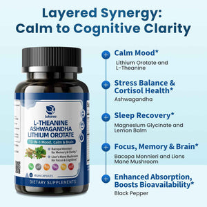 Lithium Orotate 5/10mg, L-Theanine 200mg, Ashwagandha 300mg - Mood Focus Memory Brain Supplements with Bacopa Monnieri, Lion’s Mane, Magnesium, Zinc D3 B6 Folate B12