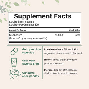 Magnesium Oxide 400mg, 500 Capsules - Elemental Form for Max Concentration - Supports Calm, Muscle & Nerve Health - Non-GMO