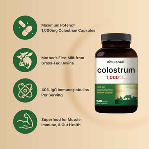 NatureBell Bovine Colostrum Supplement 1,000mg Per Serving, 240 Capsules - 40% IgG Colostrum Powder for Gut Health, Bloating, Skin, Hair & Immune Support - Non-GMO