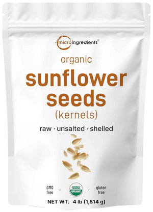 Organic Sunflower Seeds, 4lbs - Raw, Unsalted, & Shelled - Whole Kernels - Low Carb Snack - Great for Baking, Smoothies, & Salad Toppings - Non-GMO, Vegan, Plant Based