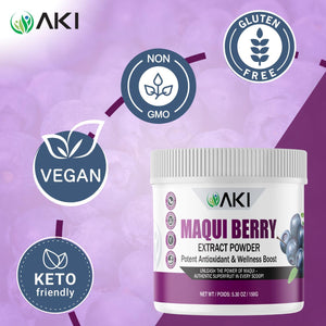 AKI Maqui Berry Extract Powder – Wild Harvested from Patagonia, High in Anthocyanins & Polyphenols, Freeze-Dried Superfruit for Smoothies, Non-GMO, Vegan, 150g/ 5.3 oz AKI ORGANIC buy supplements Au