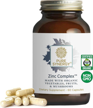 PURE SYNERGY Zinc Complex - Immune Support Supplement - Natural, Vegan Zinc Complex with Vitamin C and Organic Whole Foods - for Immune, Brain, and Skin Health (60 Capsules)