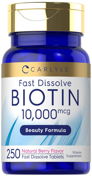 Carlyle Biotin 10000mcg - 250 Fast Dissolve Tablets - Max Strength - Vegetarian, Non-GMO, Gluten Free Supplement