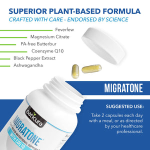Migratone Migraine Relief Nutritional Support Supplement - with Magnesium, Riboflavin Vitamin B2, B6 & B12, Microactive Coq10, Feverfew, PA-Free Butterbur, and Folate - Clinically Preferred Blend NaticuraBuy Supplements Australia