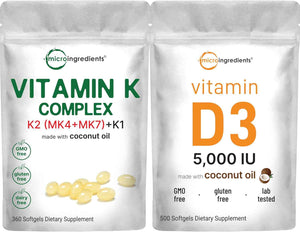 Micro Ingredients Super Vitamin K Complex (K2 MK7 + MK4 & K1) & Vitamin D3 5,000 IU Bundle Pack - Easily Absorbed K Vitamins, Active Menaquinone Complex - Vitamin D as Cholecalciferol