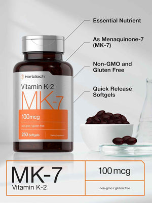 Horbäach Vitamin K2 MK7 100mcg - 250 Softgels - Non-GMO, Gluten Free Supplement