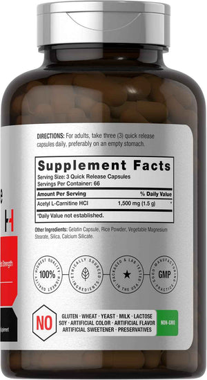 Horbäach Acetyl L-Carnitine 1500mg | 200 Capsules | Extra Strength Supplement | Non-GMO & Gluten Free