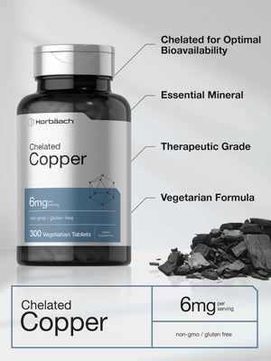 Horbäach Chelated Copper Supplement 6mg - 300 Tablets - Essential Trace Mineral - Vegetarian, Non-GMO, Gluten Free