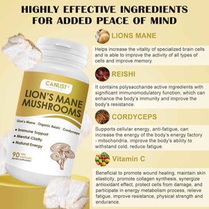 CANLIST Organic Mushroom Complex Capsules with Lion's Mane, Cordyceps, Reishi, Help for Cognitive Focus, Immune Support & Brain Health, Vegan, Non-GMO, 90 Capsules