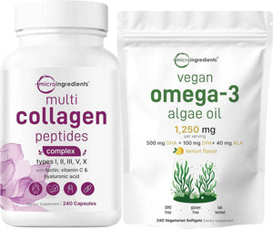 Micro Ingredients Multi Collagen Complex & Vegan Omega 3 Algae Oil Supplement Bundle 2 Pack - Grass-Fed Collagen Peptides - Omega-3 Full Spectrum Alternative to Fish Oil