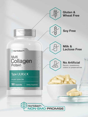 Horbäach Multi Collagen Protein 2000 mg - 180 Capsules - Type I, II, III, V, X - Keto & Paleo Friendly - Non-GMO, Gluten Free Supplement