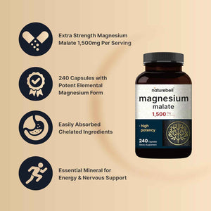 NatureBell Magnesium Malate 1,500mg, 240 Capsules - Chelated for High Absorption - Energy & Nervous System Support - Non-GMO, Gluten-Free