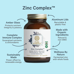 PURE SYNERGY Zinc Complex - Immune Support Supplement - Natural, Vegan Zinc Complex with Vitamin C and Organic Whole Foods - for Immune, Brain, and Skin Health (60 Capsules)