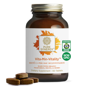 Vita-Min-Vitality supplement bottle with label on a white background