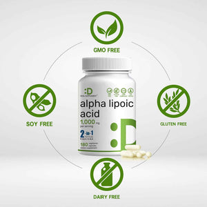 Alpha Lipoic Acid 1,000mg, 180 Veggie Capsules - 50/50 R-ALA & S-ALA for Max Bioavailability - Antioxidant Supplement - Energy & Nervous System Support - Non-GMO