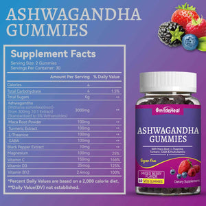 Ashwagandha Gummies 3000mg for Calm & Stress Relief, 60 Count, Vegan - Ashwagandha High Strength Root Extract Supplement with L-Theanine, Trumeric, D3 for Women & Men - Natural Mixed Berry Flavor