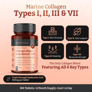 pureclinica 1500mg UltraColl Collagen (1200mg) and Hyaluronic Acid (300mg) x 180 Tablets - 6 Months Supply pureclinica buy supplements Au