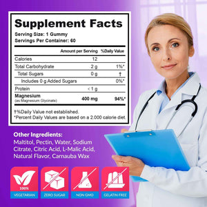 Magnesium Glycinate Gummies 400mg, Muscle Support and Relaxation, Magnesium Supplement for Women, Men and Kids, High Absorption, Sugar Free