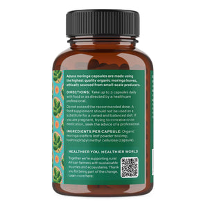 Aduna Organic Moringa Capsules 1500mg - 100% Pure Moringa Leaf for Energy, Immunity & Focus - Natural Plant-Based Food Supplement for Tiredness, Recovery & Breastfeeding - 180 Vegan Capsules