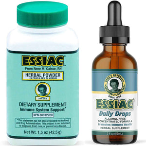 Essiac herbal powder and daily drops bottles on a white background