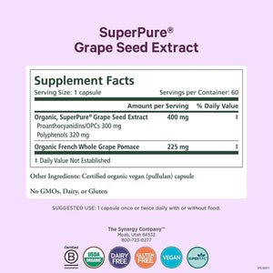 Pure Synergy SuperPure Grape Seed Extract - Organic Grape Seed Polyphenols Supplement with Whole Fruit - for Heart Health, Skin, and Healthy Aging Support (60 Capsules)