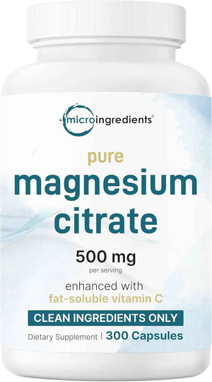 Pure Magnesium Citrate Supplements 500mg, 300 Capsules - Fat-Soluble Vitamin C Added - 100% Chelated - Only Active Ingredients