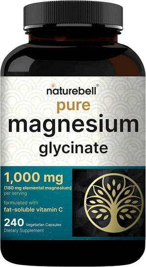 NatureBell Pure Magnesium Glycinate 1,000 mg, 240 Vegetarian Capsules - 1,000 mg Magnesium Glycinate Per Serving - Chelated Magnesium Form with Vitamin C - Non-GMO, Filler Free, cGMP Manufactured