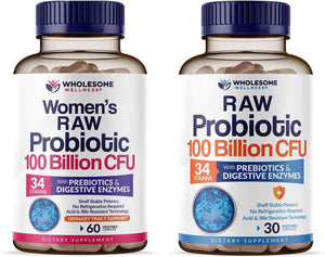 Wholesome Wellness 100 Billion CFUs with Prebiotics and Organic Probiotics 100 Billion CFU for Men and Women Bundle