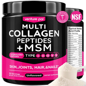 Venture Pal Multi Collagen Powder Type I, II, III, V, X - Hydrolyzed Collagen Peptides MSM, GC, Hyaluronic Acid Vitamin C - Collagen Supplement for Women