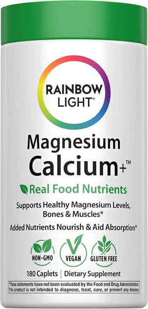 Rainbow Light Magnesium Calcium + Supplement - 180 Tablets - Real Food Nutrients & Digestive Complex - Supports Healthy Magnesium Levels, Bones & Muscles