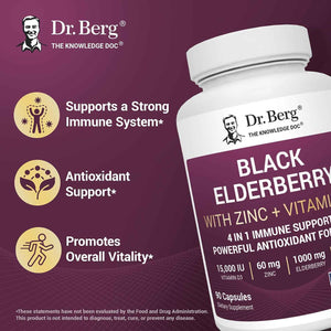 Dr. Berg Black Elderberry Capsules (Advanced Immune Support*) with 15,000 IU Vitamin D, 60 mg of Zinc, & 90 mg of Camu Camu - (4-in-1) Sambucus Elderberry Immune Support Supplement - 90 Capsules