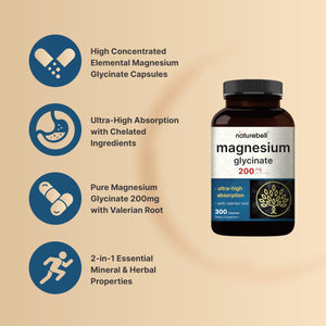 Pure Magnesium Glycinate for Sleep, 200mg with Valerian Root, 300 Capsules | 100% Chelated & Purified Mineral Supplement – Ultra High Absorption – Non-GMO, Gluten Free NatureBellBuy Supplements Australia